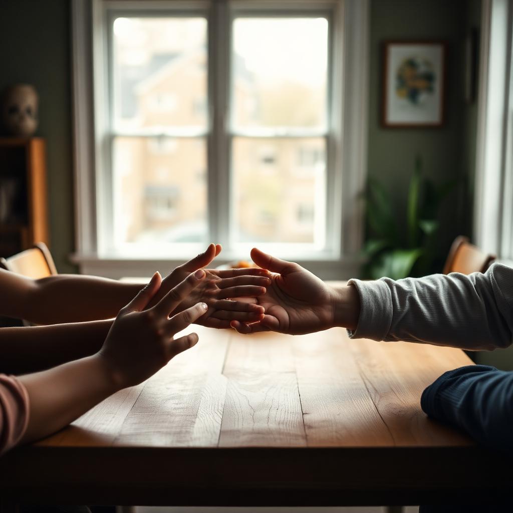 Hands reaching toward each other across a sunlit table