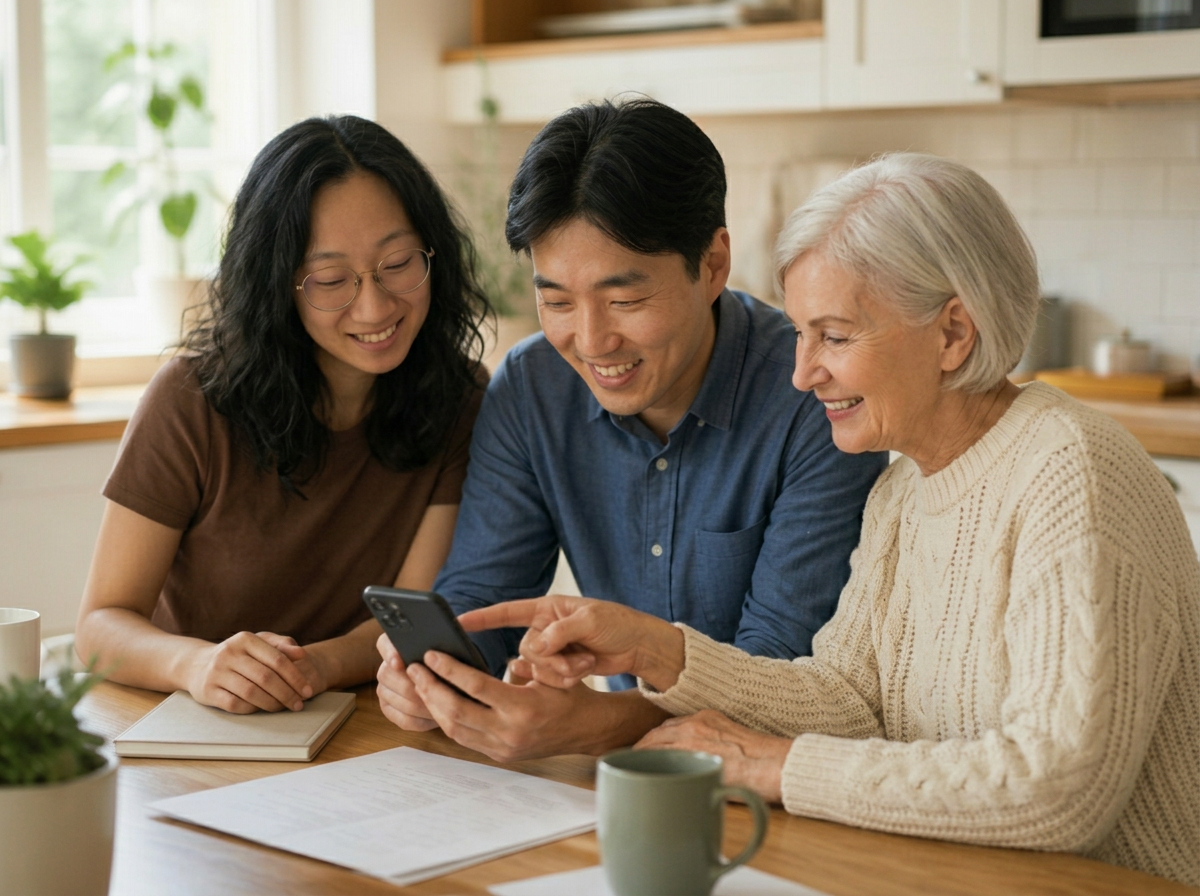 Audrey and Dan helping an older adult with her phone at a kitchen table